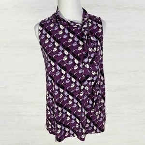 Worthington Stretch Tie Neck Top SMALL Sleeveless Blouse Purple Print Shirt